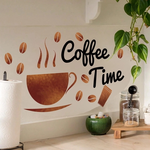 Coffee Time Adesivi Murali Acquerello Tazza Caffè Chicchi PVC Decalcomania Decorativa Per Bar Cucina Casa Soggiorno Parete