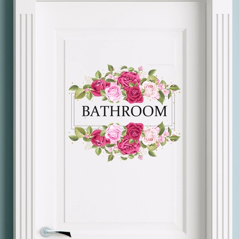 Pegatina de Puerta de Baño con Flores de Rosa PVC Impermeable Autoadhesiva para Decoración del Hogar
