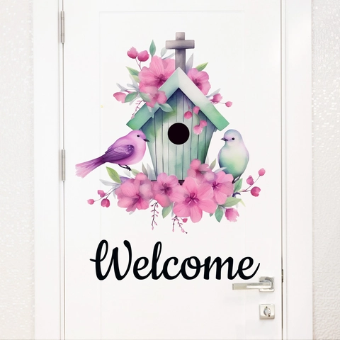 Aquarel Vogelhuisje Roze Bloemen Vogels Welcome Muurstickers Waterdicht PVC Decoratie Voor Slaapkamer Woonkamer Entree