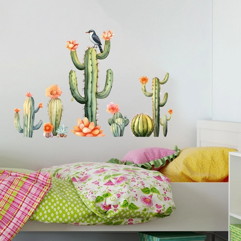 Vinilo de Pared Cactus y Pájaro Estilo Acuarela PVC Decorativo Adhesivo Para Habitación Infantil Dormitorio Salón