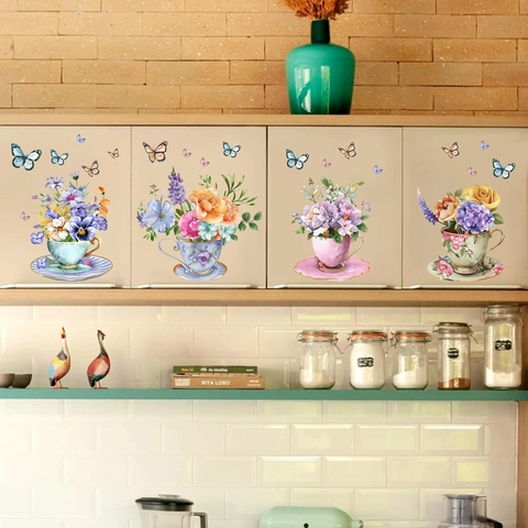 Aquarell Blume Teetasse Wandtattoo PVC Selbstklebend Schmetterlinge Aufkleber Für Küchenschränke Schlafzimmer Deko