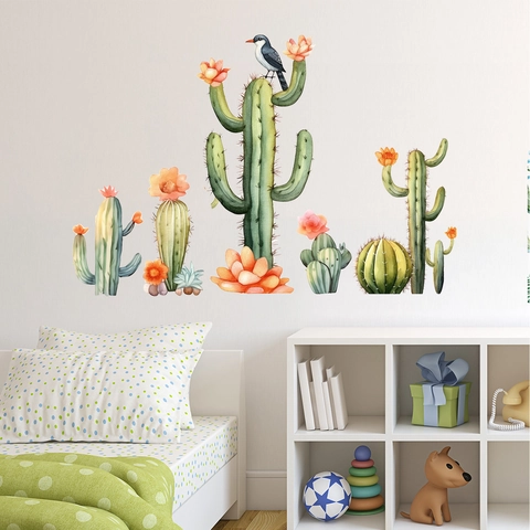 Vinilo de Pared Cactus y Pájaro Estilo Acuarela PVC Decorativo Adhesivo Para Habitación Infantil Dormitorio Salón