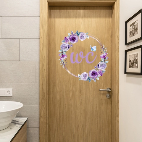 Αυτοκόλλητο Τοίχου Τουαλέτας WC με Μωβ Λουλούδια Πεταλούδα PVC Αδιάβροχο Διακόσμηση Μπάνιου Αυτοκόλλητο Σήμα για Σπίτι
