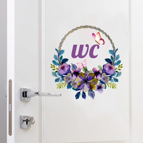 Adesivo per Porta del Bagno WC con Fiori e Farfalle in Acquerello PVC Rimovibile Decalcomania da Parete Insegna Decorativa