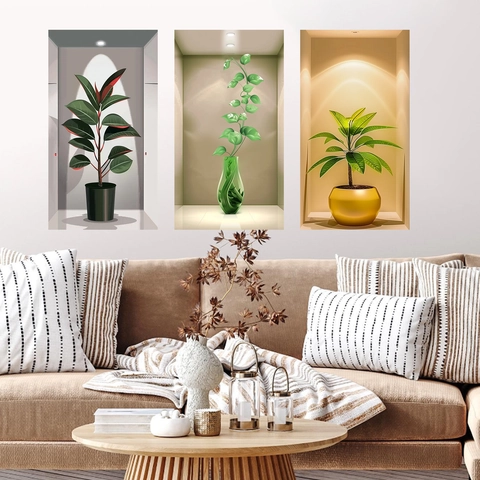 3D Effect Potted Plants Wall Stickers PVC Removable Botanical Flower Vase Mural For Living Room Bedroom Modern Home Decor