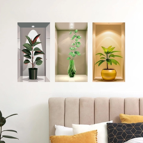 3D Effect Potted Plants Wall Stickers PVC Removable Botanical Flower Vase Mural For Living Room Bedroom Modern Home Decor