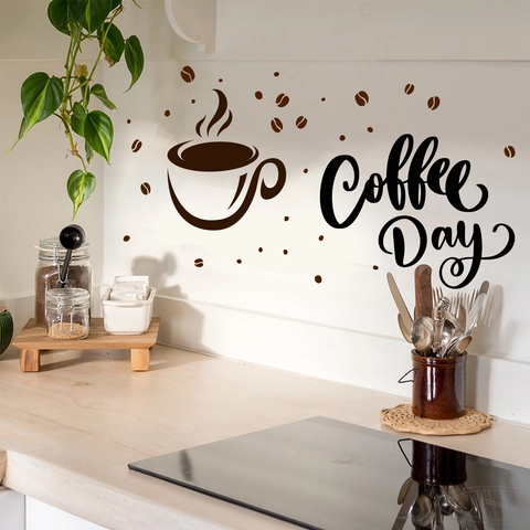 Adesivo da Parete Tazza di Caffè Con Chicchi di Caffè Coffee Day Decalcomania Creativa per Cucina Sala da Pranzo Bar Fai da Te