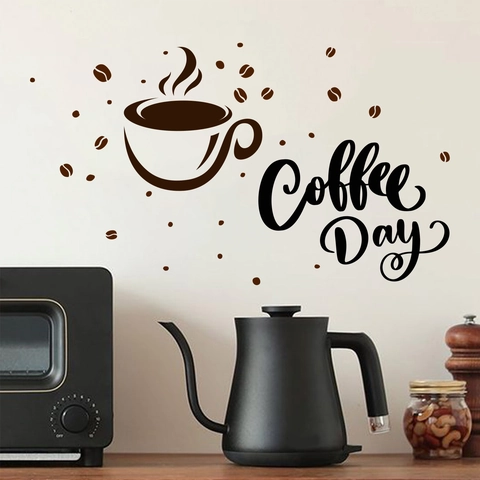 Adesivo da Parete Tazza di Caffè Con Chicchi di Caffè Coffee Day Decalcomania Creativa per Cucina Sala da Pranzo Bar Fai da Te
