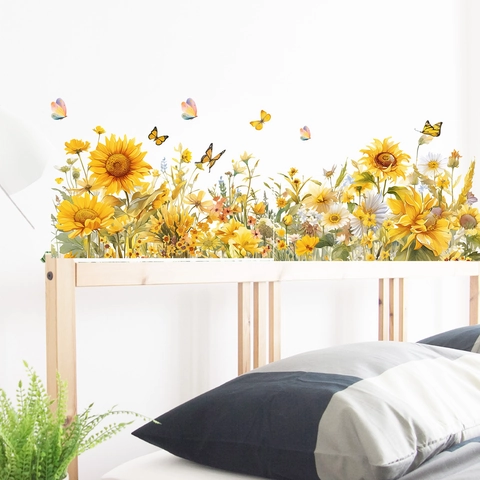 Sonnenblume Schmetterling Wandtattoo PVC Selbstklebend Floral DIY Home Dekor Für Schlafzimmer Wohnzimmer Küche Hintergrund Dekoration