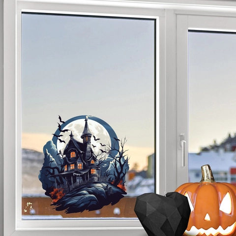Pegatina de Pared de Castillo Fantasma de Halloween Con Luna y Murciélagos PVC Removible Gótico DIY Calcomanía Decoración Fiesta