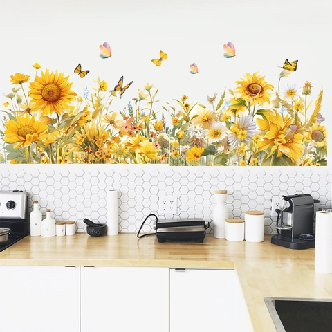 Sonnenblume Schmetterling Wandtattoo PVC Selbstklebend Floral DIY Home Dekor Für Schlafzimmer Wohnzimmer Küche Hintergrund Dekoration
