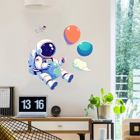Cartoon Astronaut Space Wall Stickers For Kids Room Decor DIY Waterproof PVC Planet Balloon Clouds Decorative Wall Decals