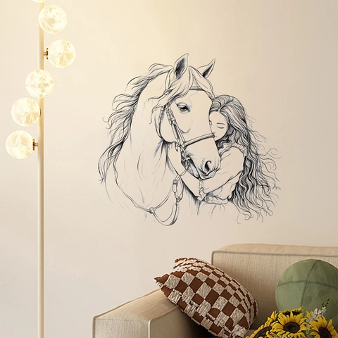 Artistic Sketch Girl And Horse Wall Sticker PVC Removable Line Art Wall Decal For Bedroom Living Room Home Decor PH-QT2912