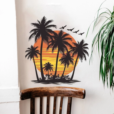 Pegatina de Pared Tropical Verano Playa Puesta de Sol Cocotero PVC Calcomanía Decorativa para Sala de Estar Dormitorio Hogar