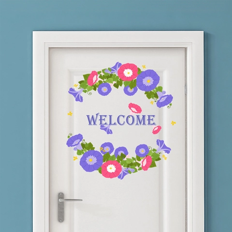 Prunkwinde Blumenkranz Willkommen Türaufkleber Lila Rosa Blume PVC Wasserdicht Wandtattoo Für Wohnzimmer Home Dekor