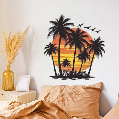 Pegatina de Pared Tropical Verano Playa Puesta de Sol Cocotero PVC Calcomanía Decorativa para Sala de Estar Dormitorio Hogar