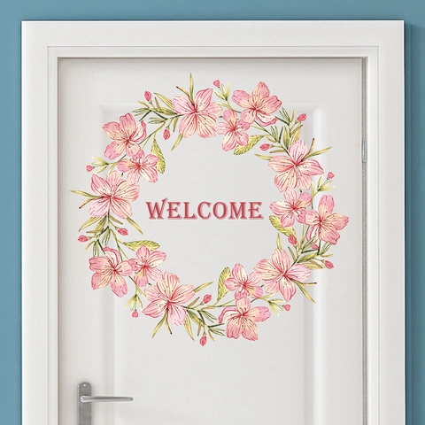 Adesivo da Parete Benvenuto con Ghirlanda di Fiori di Pesco Rosa Acquerello Decalcomania Floreale per Porta in PVC per Camera da Letto Soggiorno Decorazione Casa