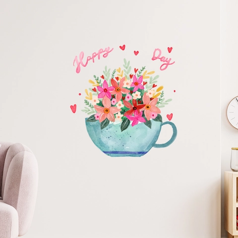 Watercolor Flower Tea Cup Wall Sticker Happy Day PVC Art Decal For Living Room Bedroom Home Decoration Mural