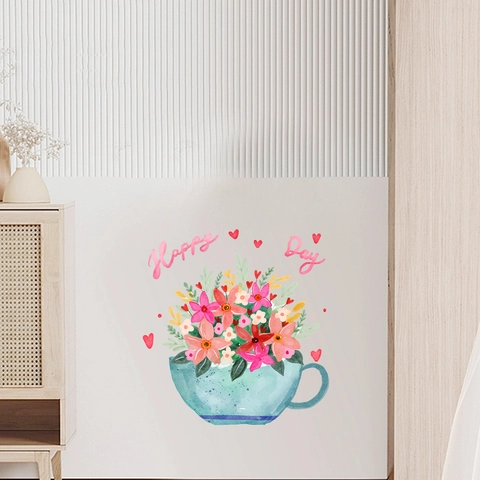 Watercolor Flower Tea Cup Wall Sticker Happy Day PVC Art Decal For Living Room Bedroom Home Decoration Mural
