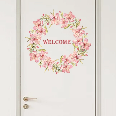 Adesivo da Parete Benvenuto con Ghirlanda di Fiori di Pesco Rosa Acquerello Decalcomania Floreale per Porta in PVC per Camera da Letto Soggiorno Decorazione Casa