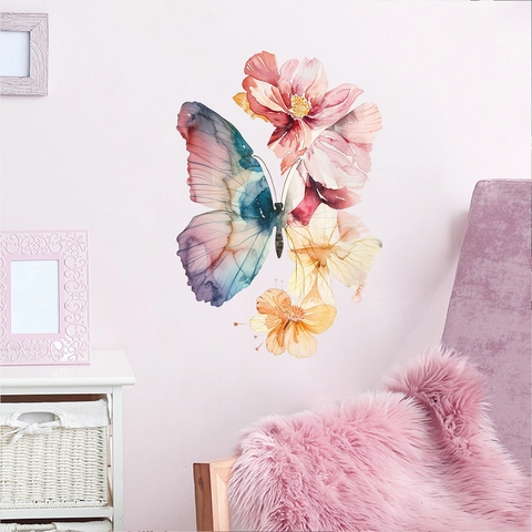 Aquarell Schmetterling Und Blume Wandtattoo PVC Abnehmbar Floral Aufkleber Für Wohnzimmer Schlafzimmer Home Kunst Dekoration