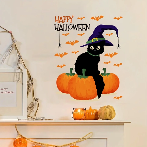 Halloween Black Cat With Witch Hat Pumpkin Bat Wall Sticker PVC Removable Festive Home Decor Art For Living Room Party