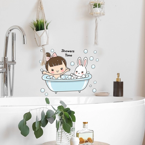 Süßer Cartoon Mädchen Hase Badewanne Wandaufkleber Showers Time Wasserdichtes PVC Decal Für Badezimmer Kinderzimmer Deko
