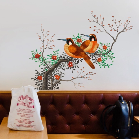 Vinilos Decorativos De Pared Estilo Chino Pájaro En Rama Acuarela Floral Ramas De Árbol PVC Calcomanías Removibles Para Decoración Pared Hogar
