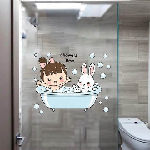 Süßer Cartoon Mädchen Hase Badewanne Wandaufkleber Showers Time Wasserdichtes PVC Decal Für Badezimmer Kinderzimmer Deko