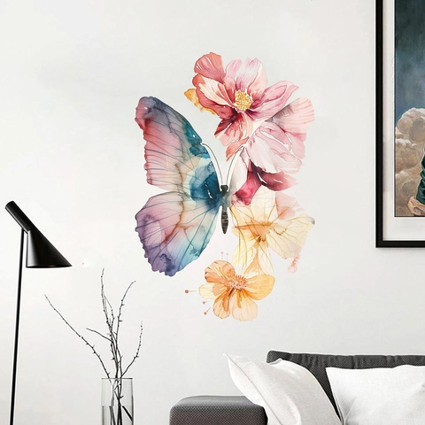 Aquarell Schmetterling Und Blume Wandtattoo PVC Abnehmbar Floral Aufkleber Für Wohnzimmer Schlafzimmer Home Kunst Dekoration