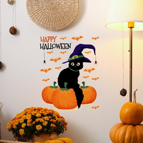 Halloween Black Cat With Witch Hat Pumpkin Bat Wall Sticker PVC Removable Festive Home Decor Art For Living Room Party