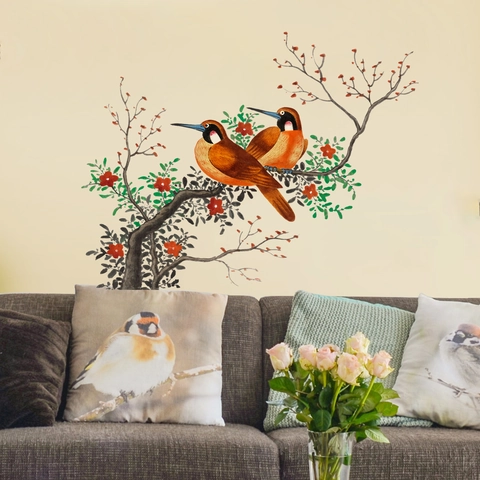 Vinilos Decorativos De Pared Estilo Chino Pájaro En Rama Acuarela Floral Ramas De Árbol PVC Calcomanías Removibles Para Decoración Pared Hogar
