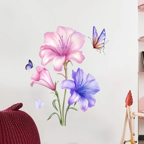 Aquarel Roze Paars Lelie Bloem Muurstickers Vlinder Bloemen Decals PVC Zelfklevende Decor Voor Woonkamer Slaapkamer