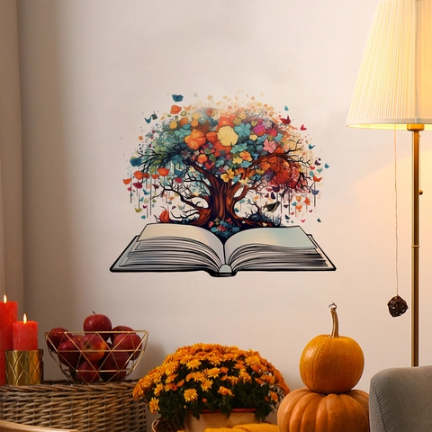 Autocollant Mural Créatif Arbre de Vie Multicolore Sortant d'un Livre Murale en PVC Amovible pour Décoration Maison