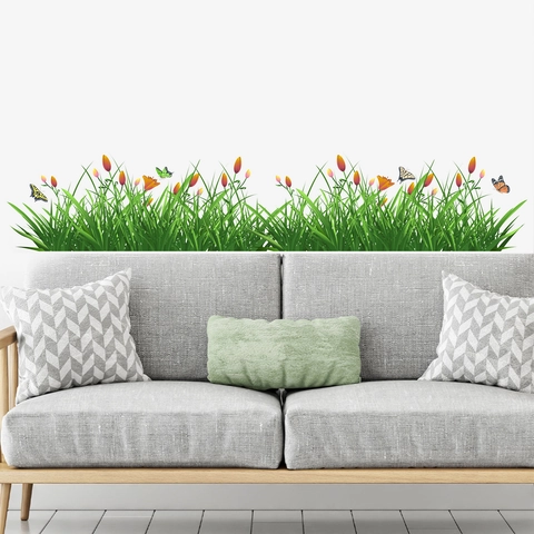 Garden Plant Grass Flower Butterfly Wall Sticker Self Adhesive PVC Decal Green Tulip Border For Living Room Bedroom Decor