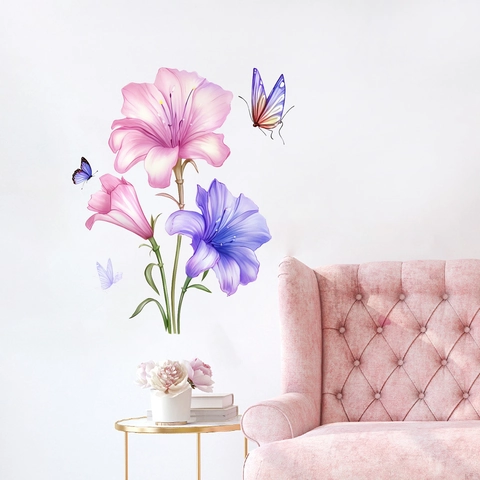 Aquarel Roze Paars Lelie Bloem Muurstickers Vlinder Bloemen Decals PVC Zelfklevende Decor Voor Woonkamer Slaapkamer