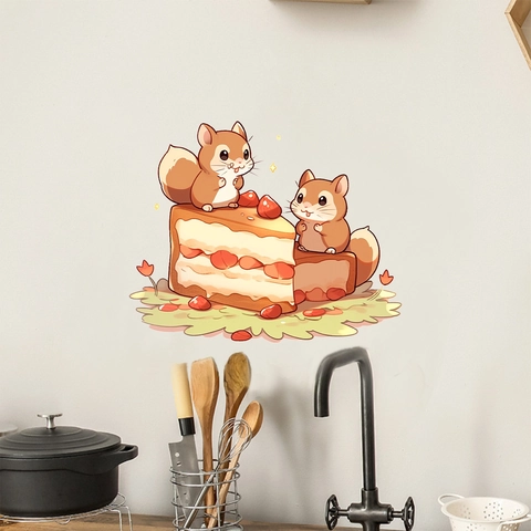 Cute Cartoon Squirrel Cake PVC Wall Stickers Waterproof Removable Self-Adhesive Wall Decals For Children Room Kitchen Decor