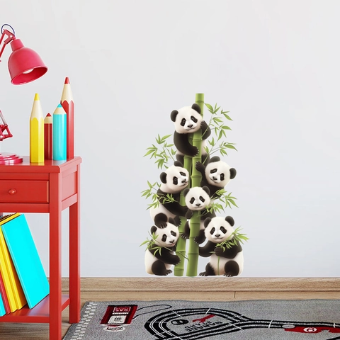 Cute Panda Climbing Bamboo Wall Stickers For Kids Room Decor Waterproof PVC Cartoon Animal Wall Decals Nursery Art Mural
