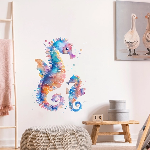Pegatinas de Pared de Caballito de Mar Acuerela Para Habitación Niños Sala de Estar Vida Marina Artística Calcomanías PVC Impermeables Decoración Pared