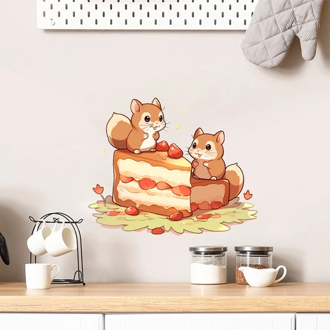 Schattige Cartoon Eekhoorn Taart PVC Muurstickers Waterdicht Verwijderbaar Zelfklevende Muurstickers Voor Kinderkamer Keuken Decor