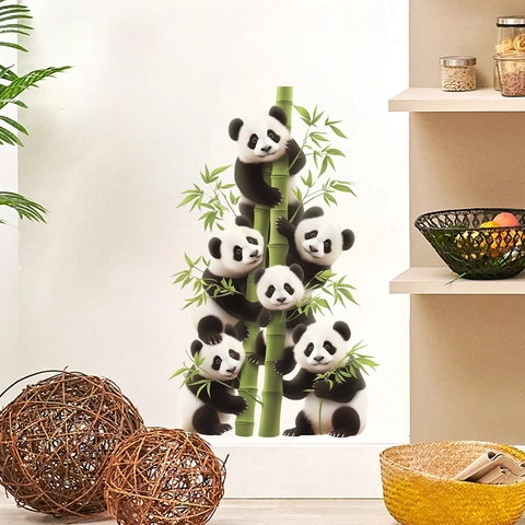 Cute Panda Climbing Bamboo Wall Stickers For Kids Room Decor Waterproof PVC Cartoon Animal Wall Decals Nursery Art Mural