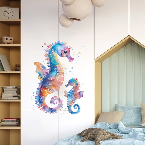Pegatinas de Pared de Caballito de Mar Acuerela Para Habitación Niños Sala de Estar Vida Marina Artística Calcomanías PVC Impermeables Decoración Pared