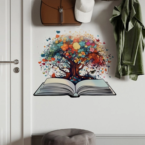Autocollant Mural Créatif Arbre de Vie Multicolore Sortant d'un Livre Murale en PVC Amovible pour Décoration Maison