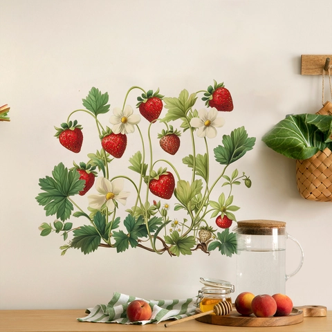 Vintage Erdbeere Pflanze Wandaufkleber PVC Abnehmbare Botanische Wandtattoo Für Küche Schlafzimmer Wohnzimmer Wohnkultur