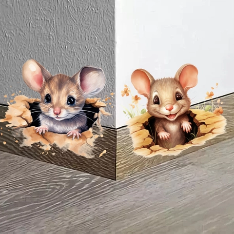 3D Mouse Hole Wall Sticker Cartoon Mice Peeking Out Watercolor Hand Painted PVC Removable Decal For Home Bedroom Decor