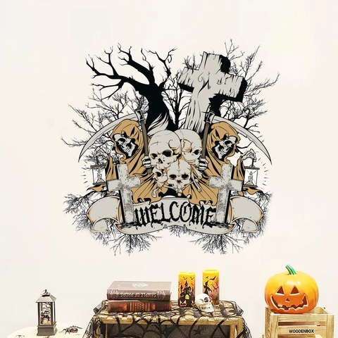 Gothic Halloween Wandaufkleber Totenkopf Sensenmann Kreuz PVC Wasserdicht Deko Welcome Banner Home Schlafzimmer Wohnzimmer