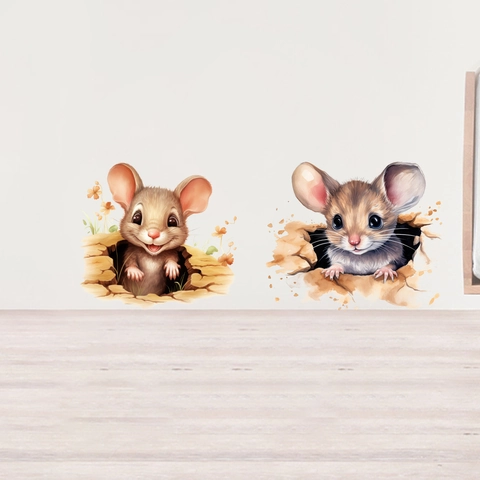 3D Mouse Hole Wall Sticker Cartoon Mice Peeking Out Watercolor Hand Painted PVC Removable Decal For Home Bedroom Decor