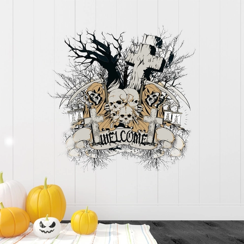 Gothic Halloween Wandaufkleber Totenkopf Sensenmann Kreuz PVC Wasserdicht Deko Welcome Banner Home Schlafzimmer Wohnzimmer