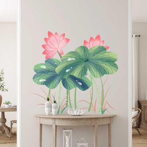 Adesivi Murali in PVC Rimovibili Fiore di Loto Foglia Verde Pianta Floreale Decalcomania per Soggiorno Camera da Letto Ingresso Casa Decor