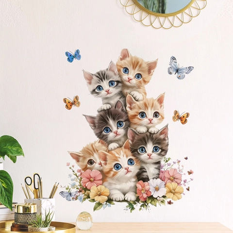 Cute Cartoon Kittens Flowers Butterflies Wall Stickers PVC Removable Wall Decals For Living Room Bedroom Home Decor